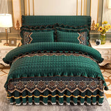 European Style Quilted Thick Plus Velvet Duvet Cover Bed Skirt Four-piece Suit in rich green with floral embroidery.