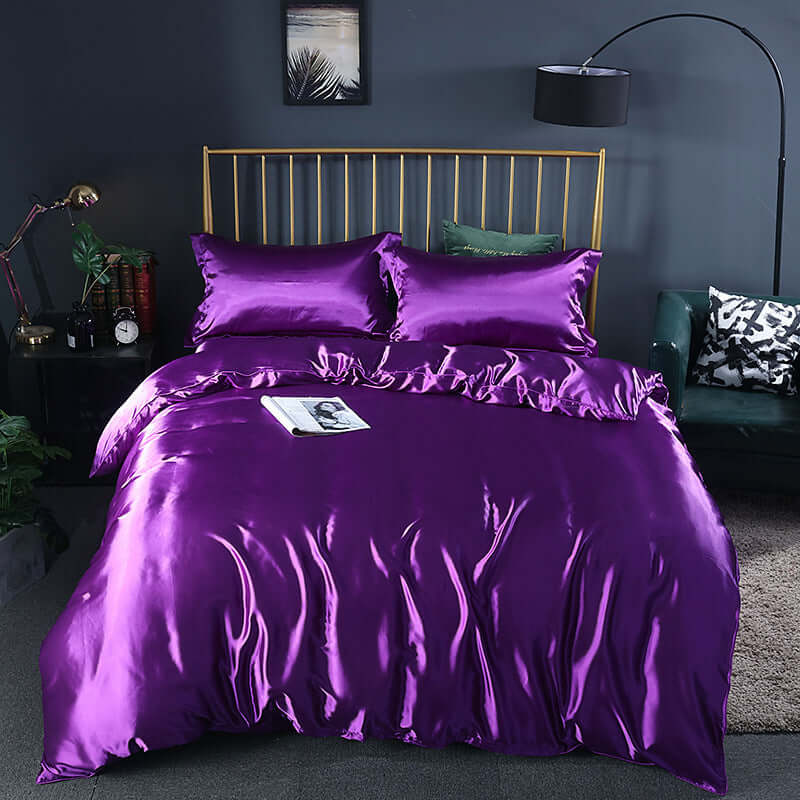 Summer Simple Pure Color Ice Silk Bed Linen Quilt Cover Bedding in vibrant purple color, styled on a modern bed.