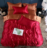 Luxurious red and bronze silk Bed Sheet Quilt Cover Naked Sleep Cool Silk Single Three Piece Set