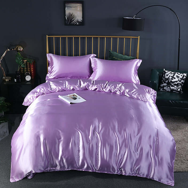 Summer Simple Pure Color Ice Silk Bed Linen Quilt Cover Bedding in soft purple shade on a stylish bed setup.