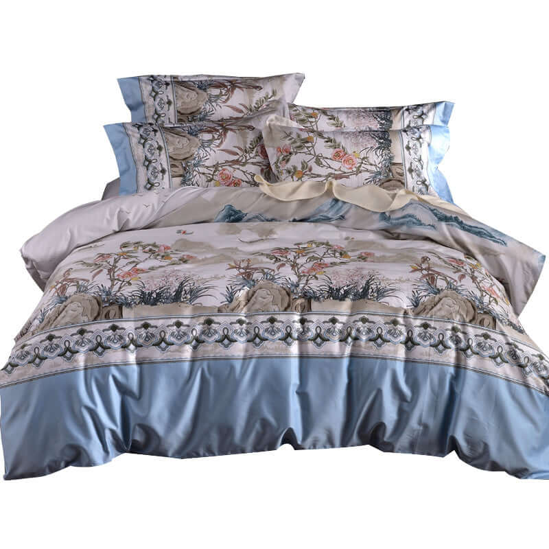 Fashionable high-end satin duvet cover set with pastoral plant printing and decorative pillows.