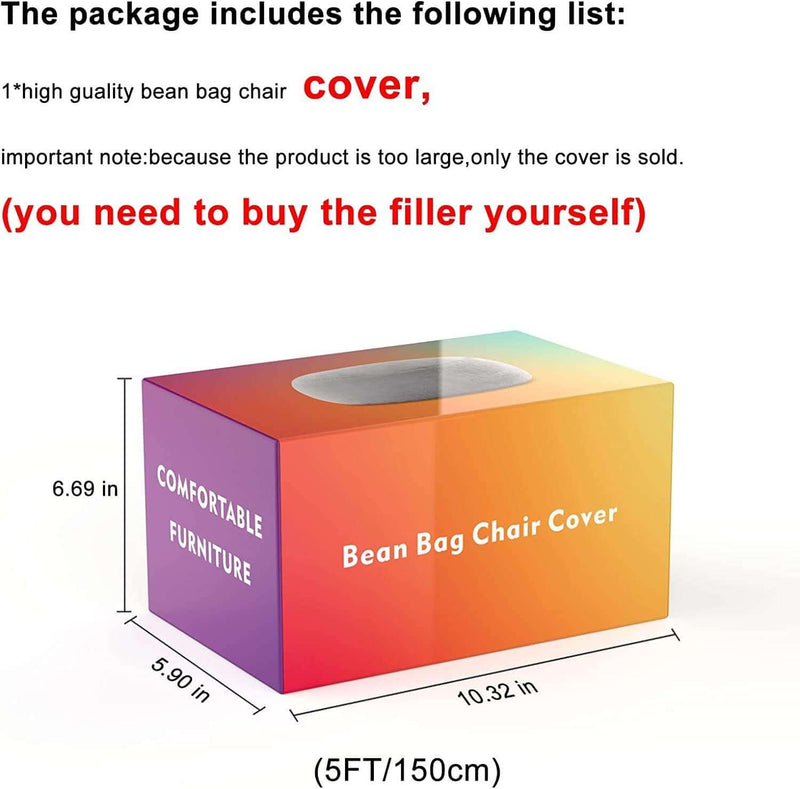 Bean Bag Chair Cover in vibrant colors, highlighting comfort, dimensions, and the note about filler purchase, perfect for living room furniture.