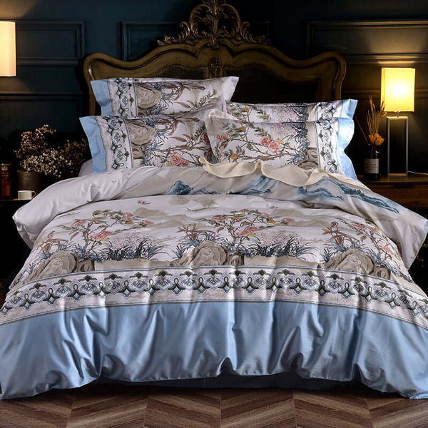 Fashionable high-end satin duvet cover with pastoral plant printing, featuring floral designs and elegant color scheme.