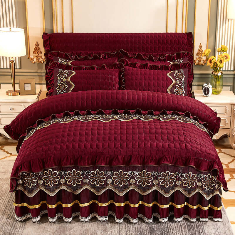 European Style Quilted Thick Plus Velvet Duvet Cover Bed Skirt Four-piece Suit in burgundy with embroidery detailing.