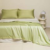Washed Ice Silk Solid Color Silky Sleep Naked Bed Sheet Quilt Cover Fitted Sheet in light green color.