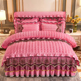 European Style Quilted Thick Plus Velvet Duvet Cover Bed Skirt in pink with floral design and ruffles.