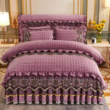 European Style Quilted Thick Plus Velvet Duvet Cover and Bed Skirt in purple with floral embroidery.