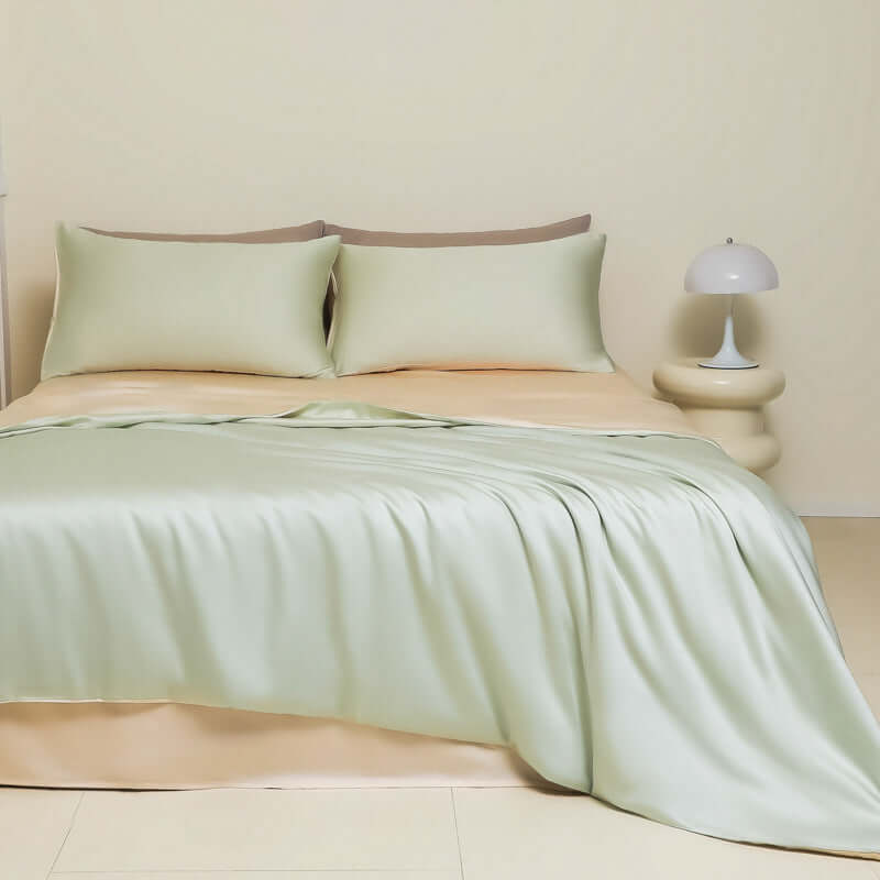 Washed Ice Silk Solid Color Silky Sleep Naked Bed Sheet Quilt Cover Fitted Sheet in soft green color.